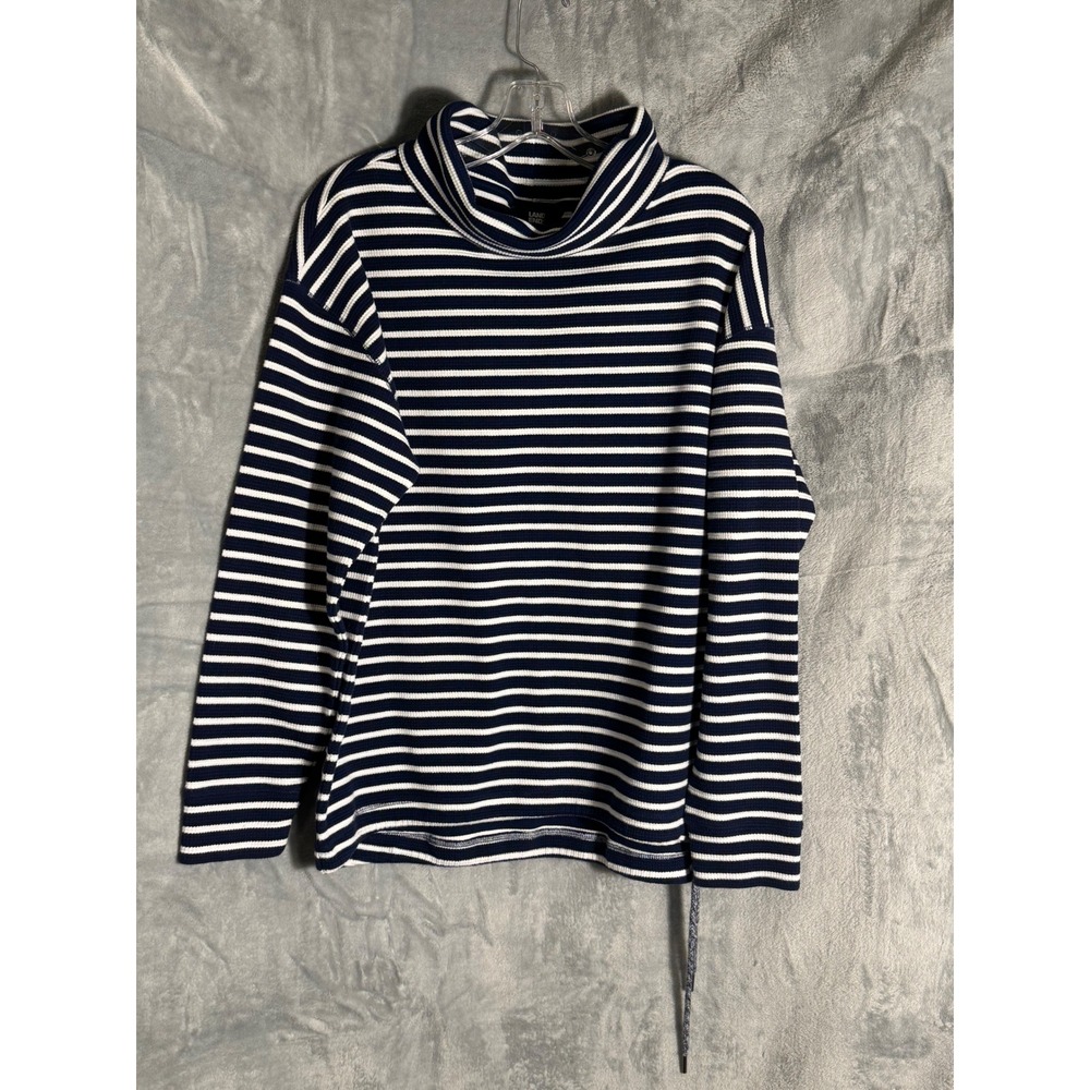 Lands End Womens Large 14-16 Waffle Knit Turtleneck Navy Blue White Striped Top